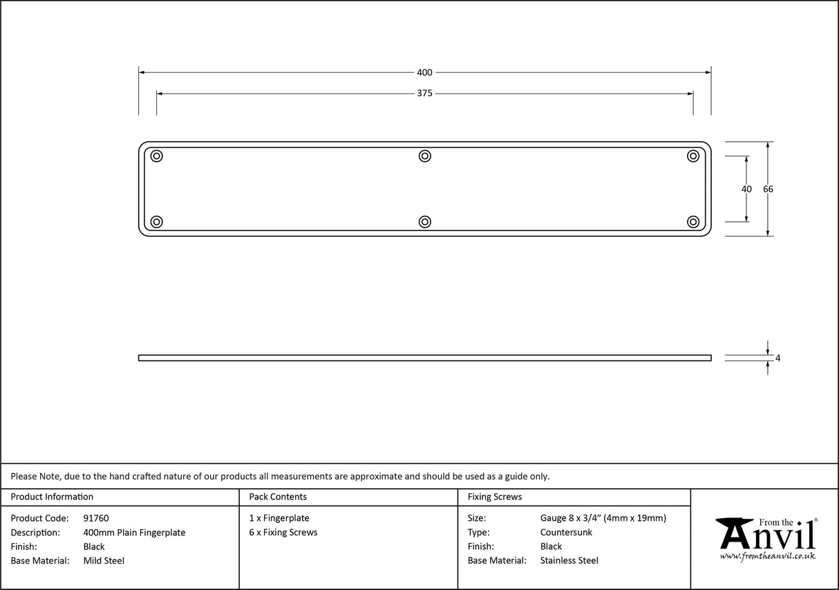 From The Anvil - Black 400mm Plain Fingerplate | Sku. 91760 | Trade Door Handles.