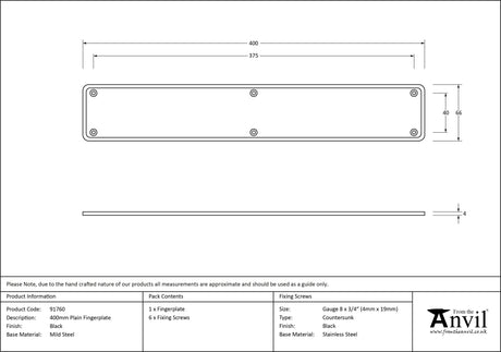 From The Anvil - Black 400mm Plain Fingerplate | Sku. 91760 | Trade Door Handles.