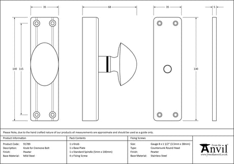 From The Anvil - Pewter knob for Cremone Bolt | Sku. 91789 | Trade Door Handles.