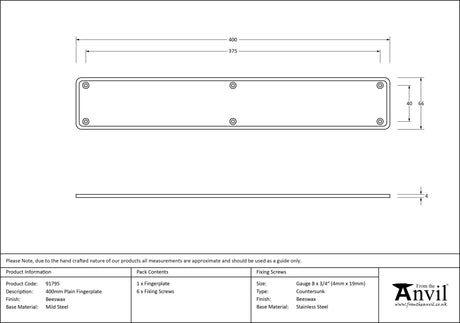 From The Anvil - Beeswax 400mm Plain Fingerplate | Sku. 91795 | Trade Door Handles.