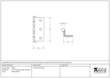From The Anvil - Antique Pewter 2½" Stormproof Hinge 1951 (pair) | Sku. 91823 | Trade Door Handles.