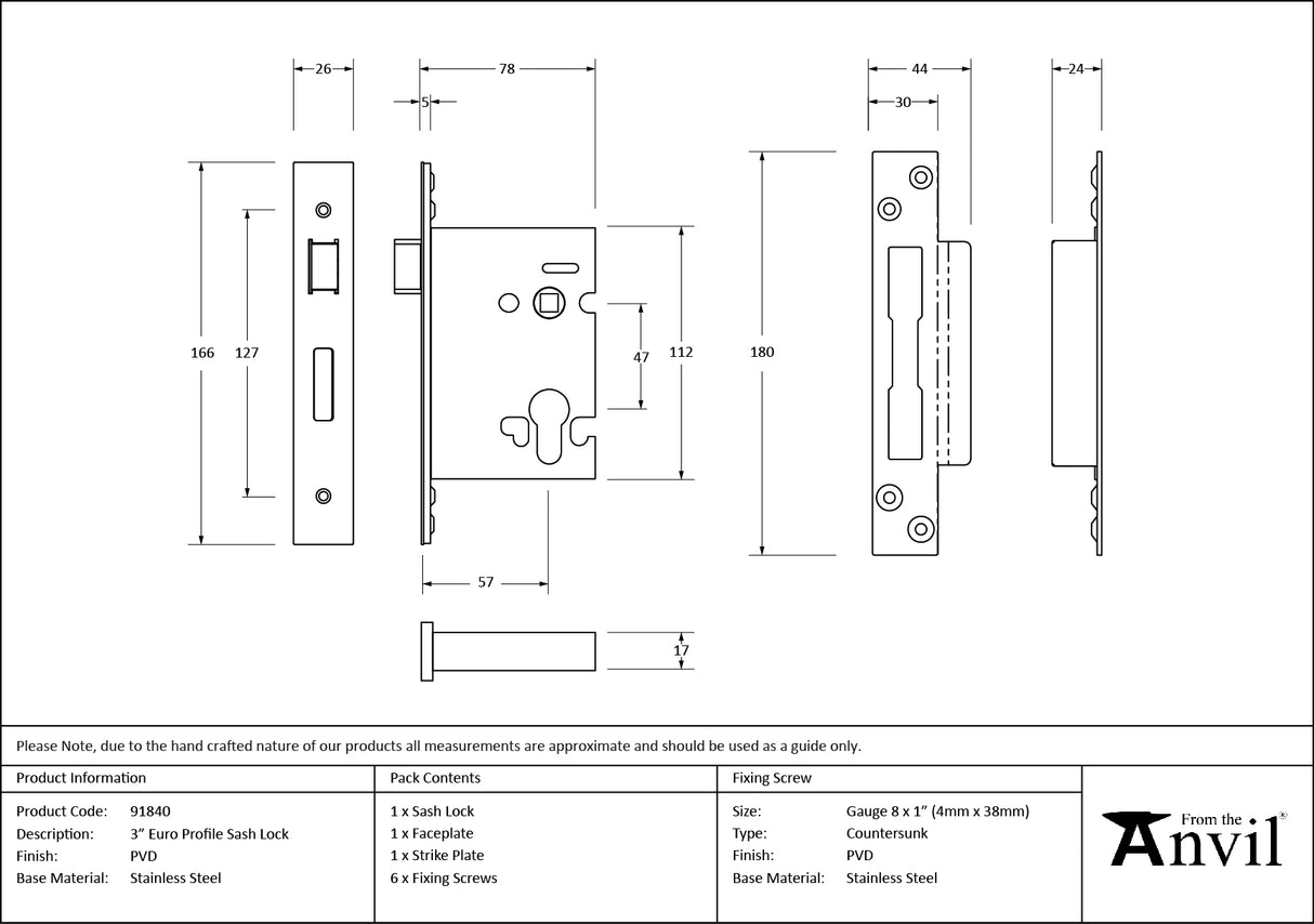 From The Anvil - PVD 3" Euro Profile Sash Lock | Sku. 91840 | Trade Door Handles.