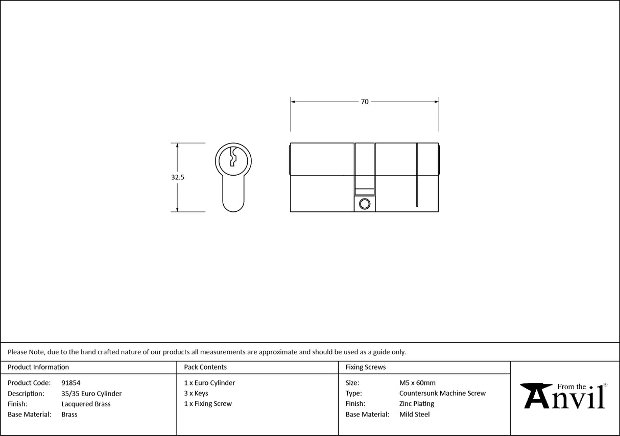 From The Anvil - Lacquered Brass 35/35 Euro Cylinder | Sku. 91854 | Trade Door Handles.
