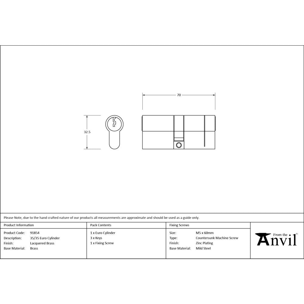 From The Anvil - Lacquered Brass 35/35 Euro Cylinder | Sku. 91854 | Trade Door Handles.