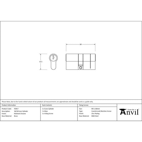 From The Anvil - Polished Chrome 30/30 Euro Cylinder | Sku. 91857 | Trade Door Handles.