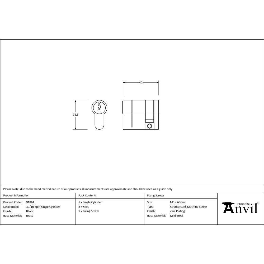 From The Anvil - Black 30/10 6pin Single Cylinder | Sku. 91861 | Trade Door Handles.