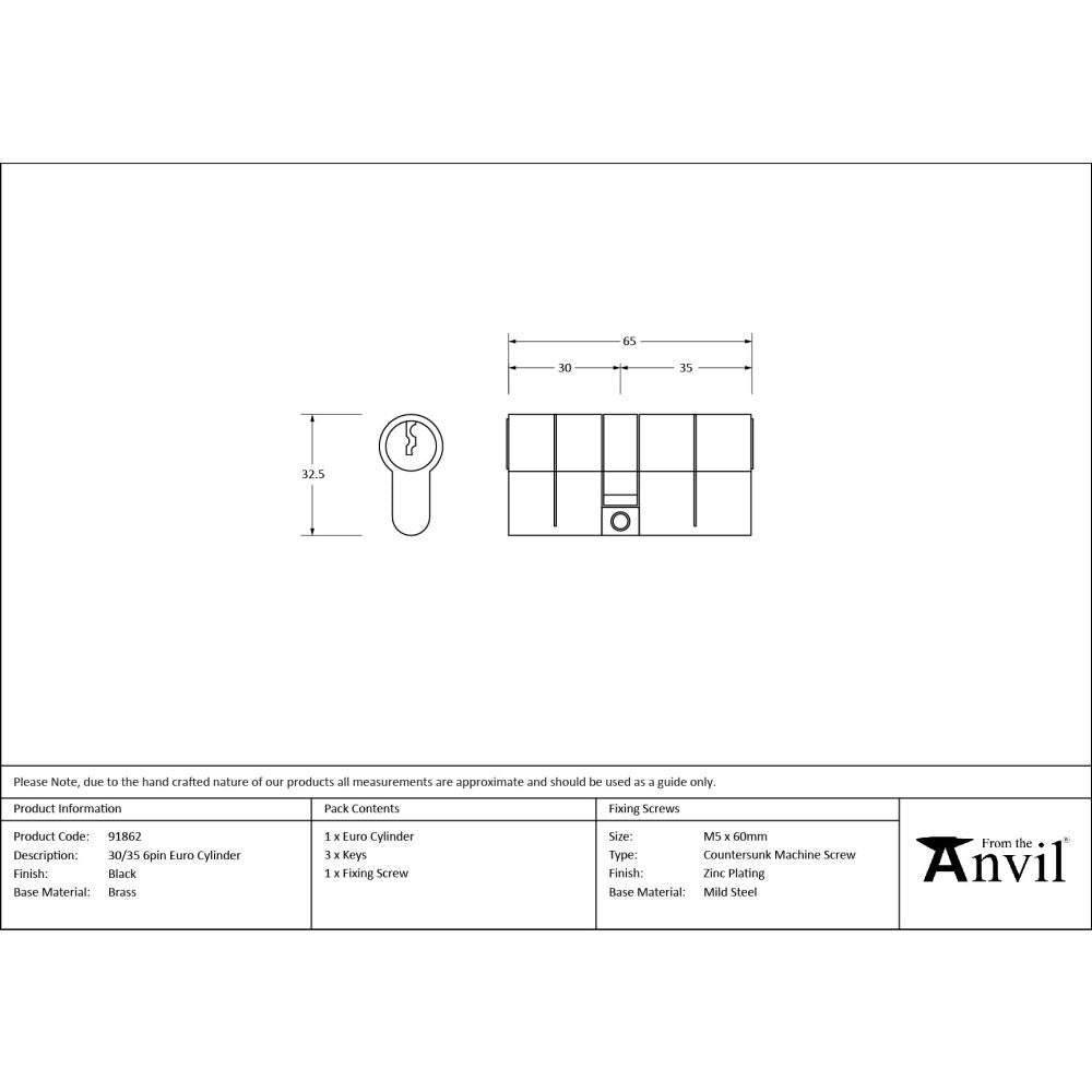 From The Anvil - Black 30/35 6pin Euro Cylinder | Sku. 91862 | Trade Door Handles.