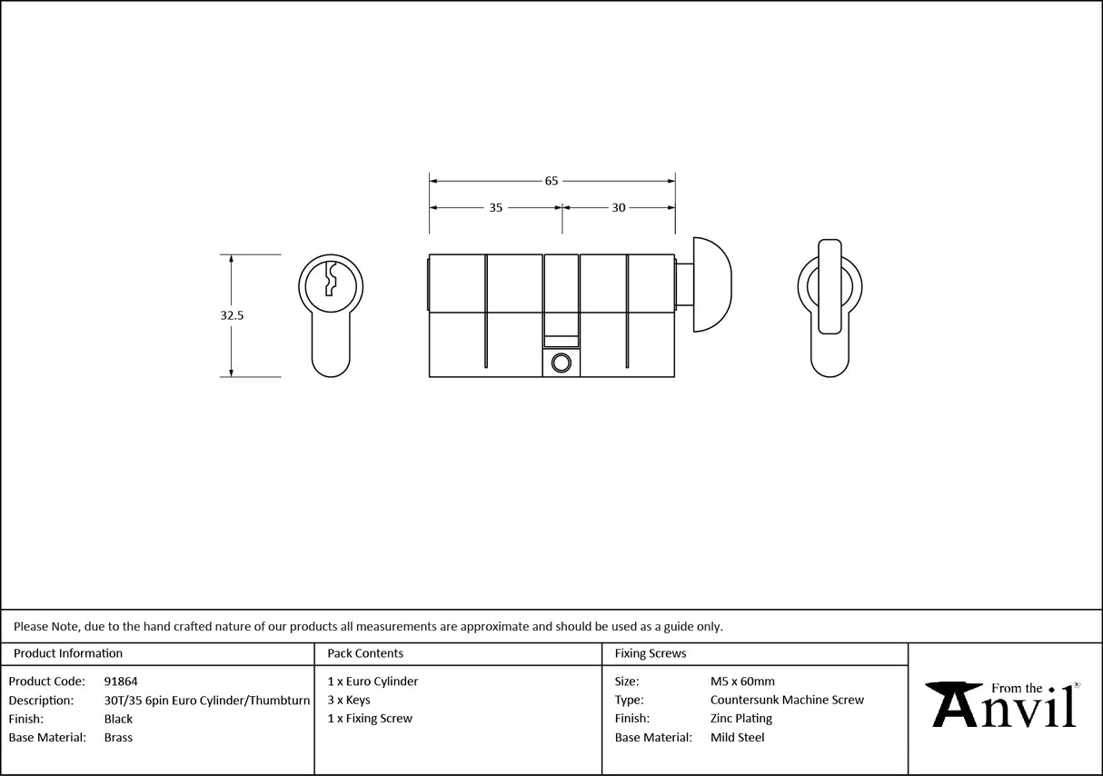 From The Anvil - Black 30T/35 6pin Euro Cylinder/Thumbturn | Sku. 91864 | Trade Door Handles.