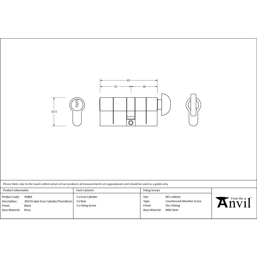 From The Anvil - Black 30T/35 6pin Euro Cylinder/Thumbturn | Sku. 91864 | Trade Door Handles.