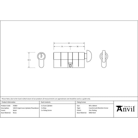 From The Anvil - Black 30T/35 6pin Euro Cylinder/Thumbturn | Sku. 91864 | Trade Door Handles.
