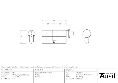 From The Anvil - Lacquered Brass 30/30 Euro Cylinder/Thumbturn | Sku. 91867 | Trade Door Handles.