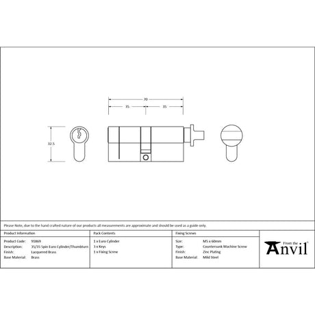 From The Anvil - Lacquered Brass 35/35 Euro Cylinder/Thumbturn | Sku. 91869 | Trade Door Handles.