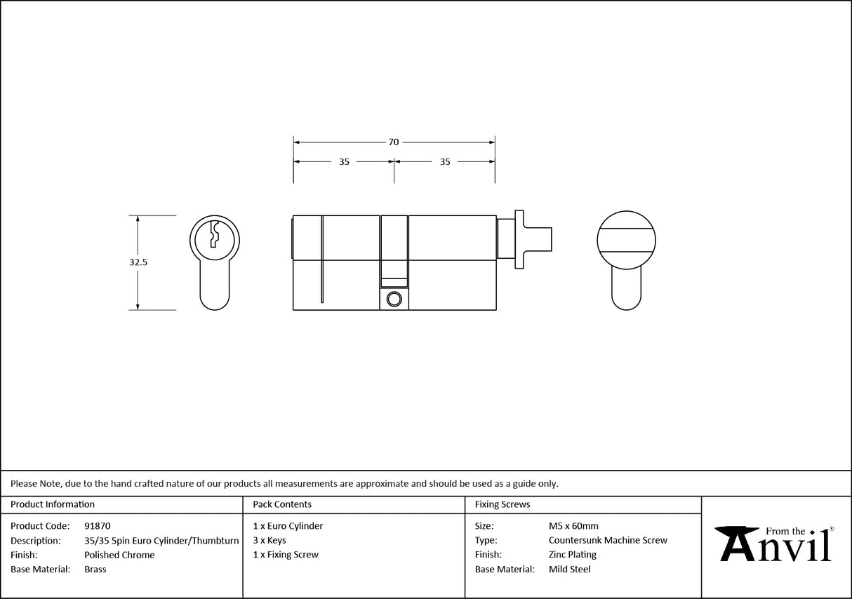 From The Anvil - Polished Chrome 35/35 Euro Cylinder/Thumbturn | Sku. 91870 | Trade Door Handles.