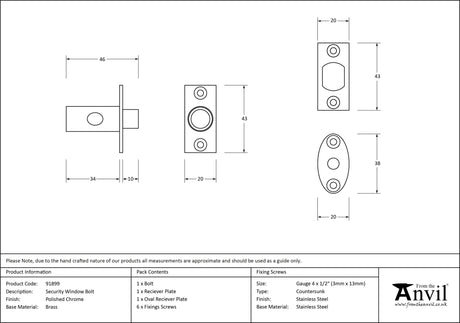 From The Anvil - Polished Chrome Security Window Bolt | Sku. 91899 | Trade Door Handles.