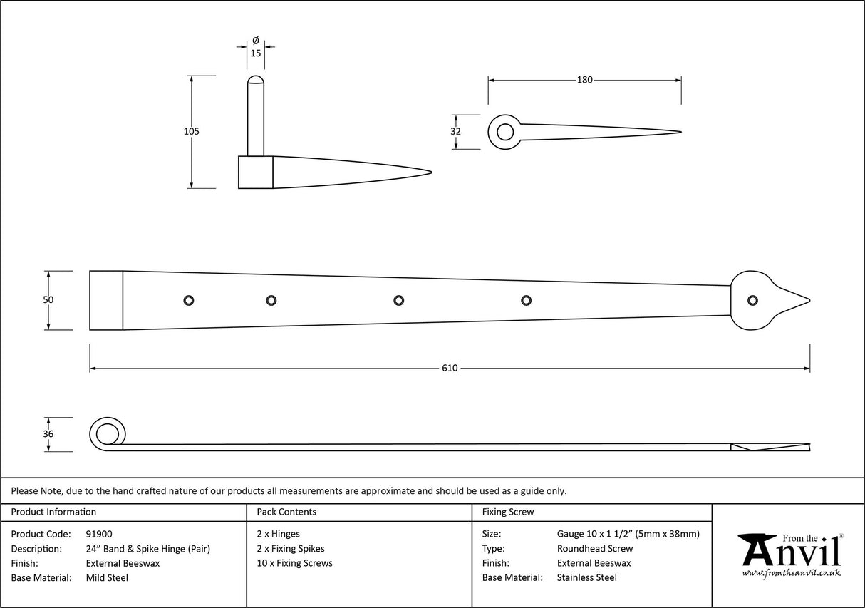 From The Anvil - External Beeswax 24" Band & Spike Hinge (Pair) | Sku. 91900 | Trade Door Handles.