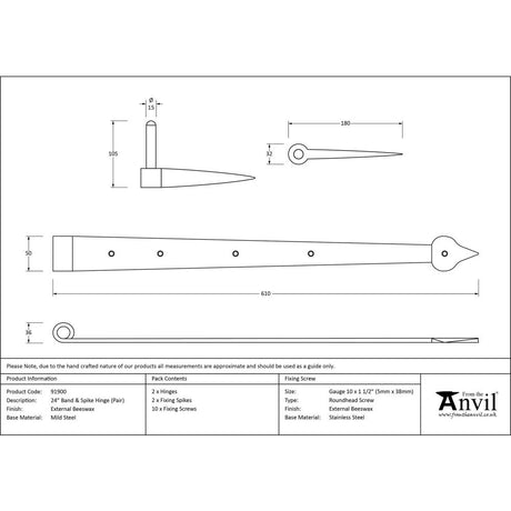 From The Anvil - External Beeswax 24" Band & Spike Hinge (Pair) | Sku. 91900 | Trade Door Handles.