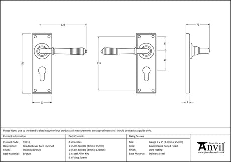 From The Anvil - Polished Bronze Reeded Lever Euro Lock Set | Sku. 91916 | Trade Door Handles.
