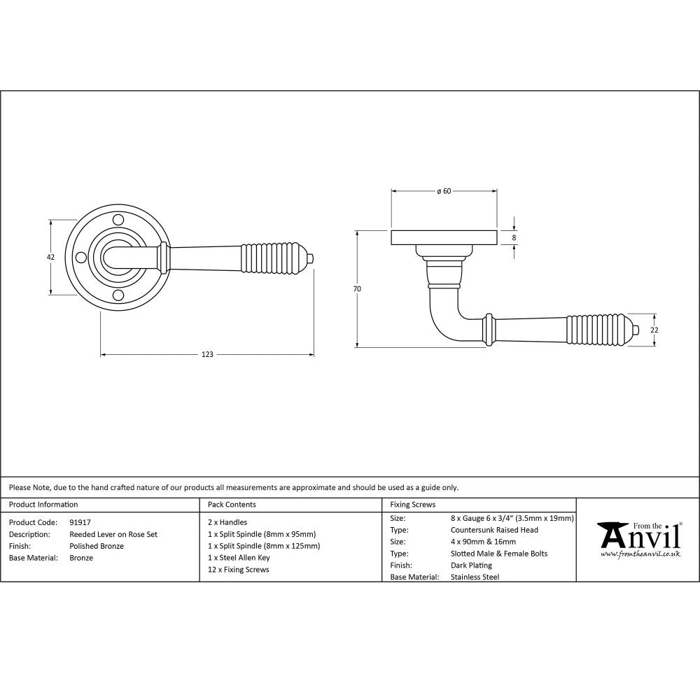 From The Anvil - Polished Bronze Reeded Lever on Rose Set | Sku. 91917 | Trade Door Handles.