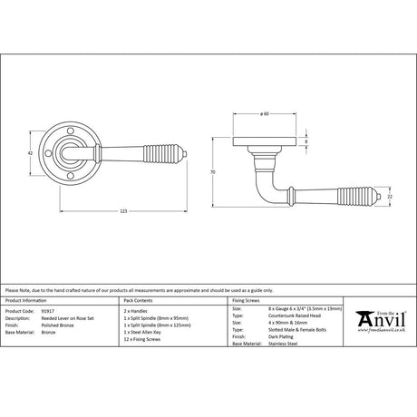 From The Anvil - Polished Bronze Reeded Lever on Rose Set | Sku. 91917 | Trade Door Handles.