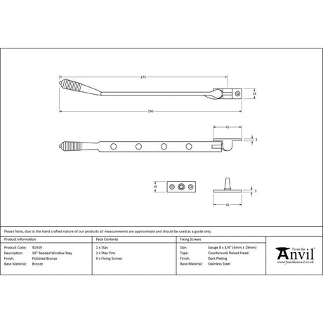 From The Anvil - Polished Bronze 10" Reeded Stay | Sku. 91939 | Trade Door Handles.