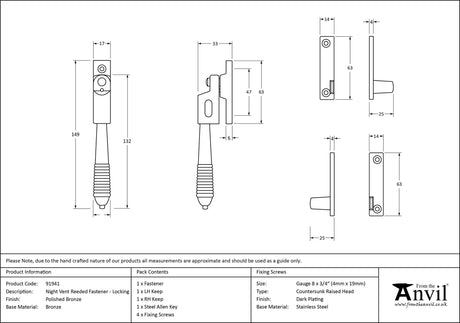 From The Anvil - Polished Bronze Night-Vent Locking Reeded Fastener | Sku. 91941 | Trade Door Handles.