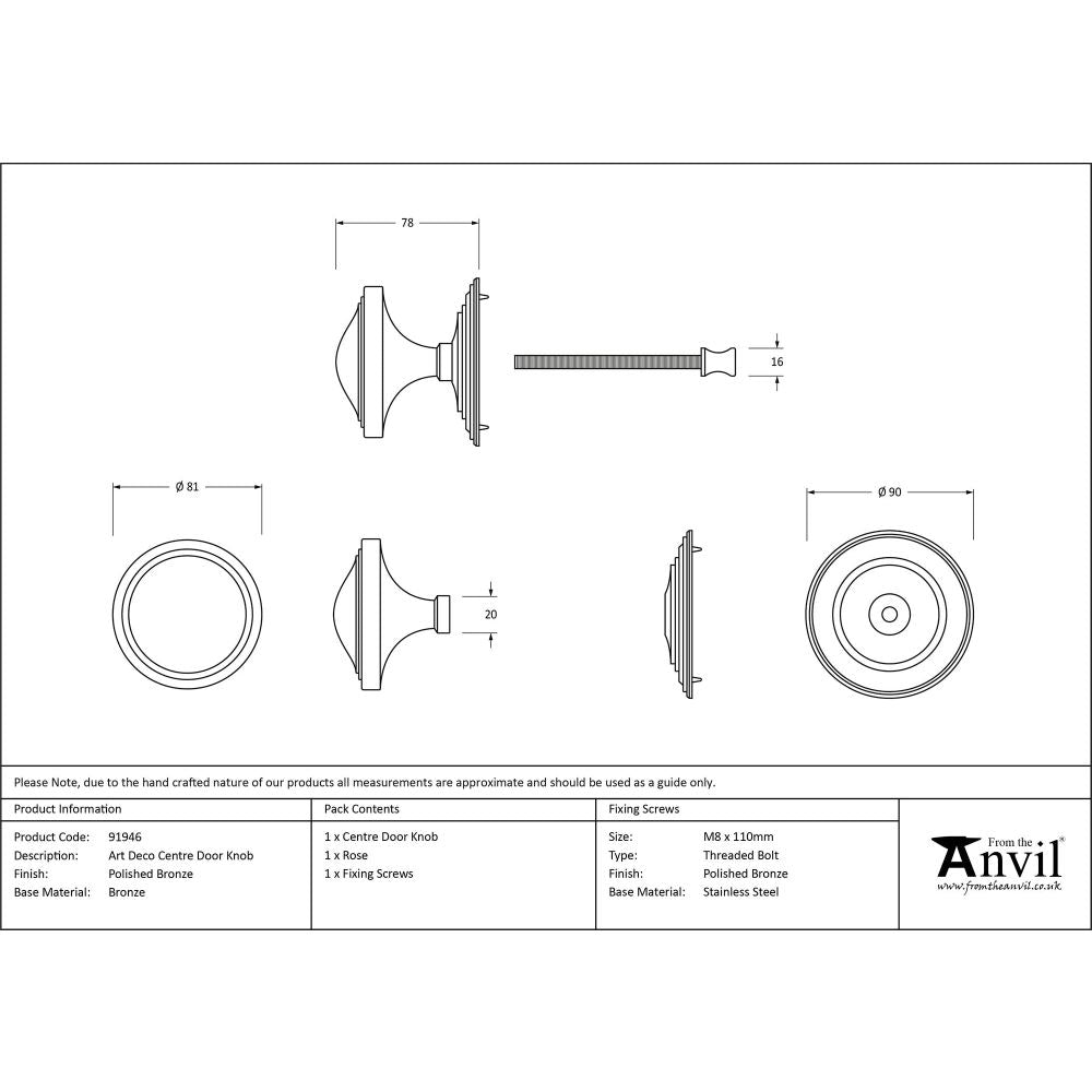 From The Anvil - Polished Bronze Art Deco Centre Door Knob | Sku. 91946 | Trade Door Handles.