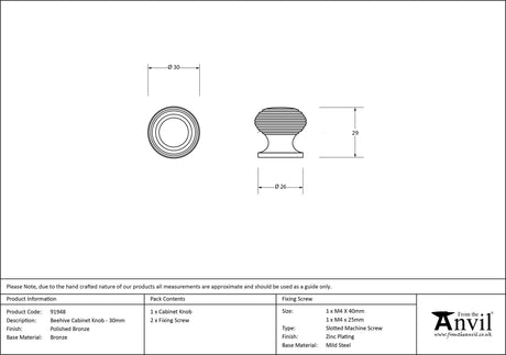 From The Anvil - Polished Bronze Beehive Cabinet Knob 30mm | Sku. 91948 | Trade Door Handles.