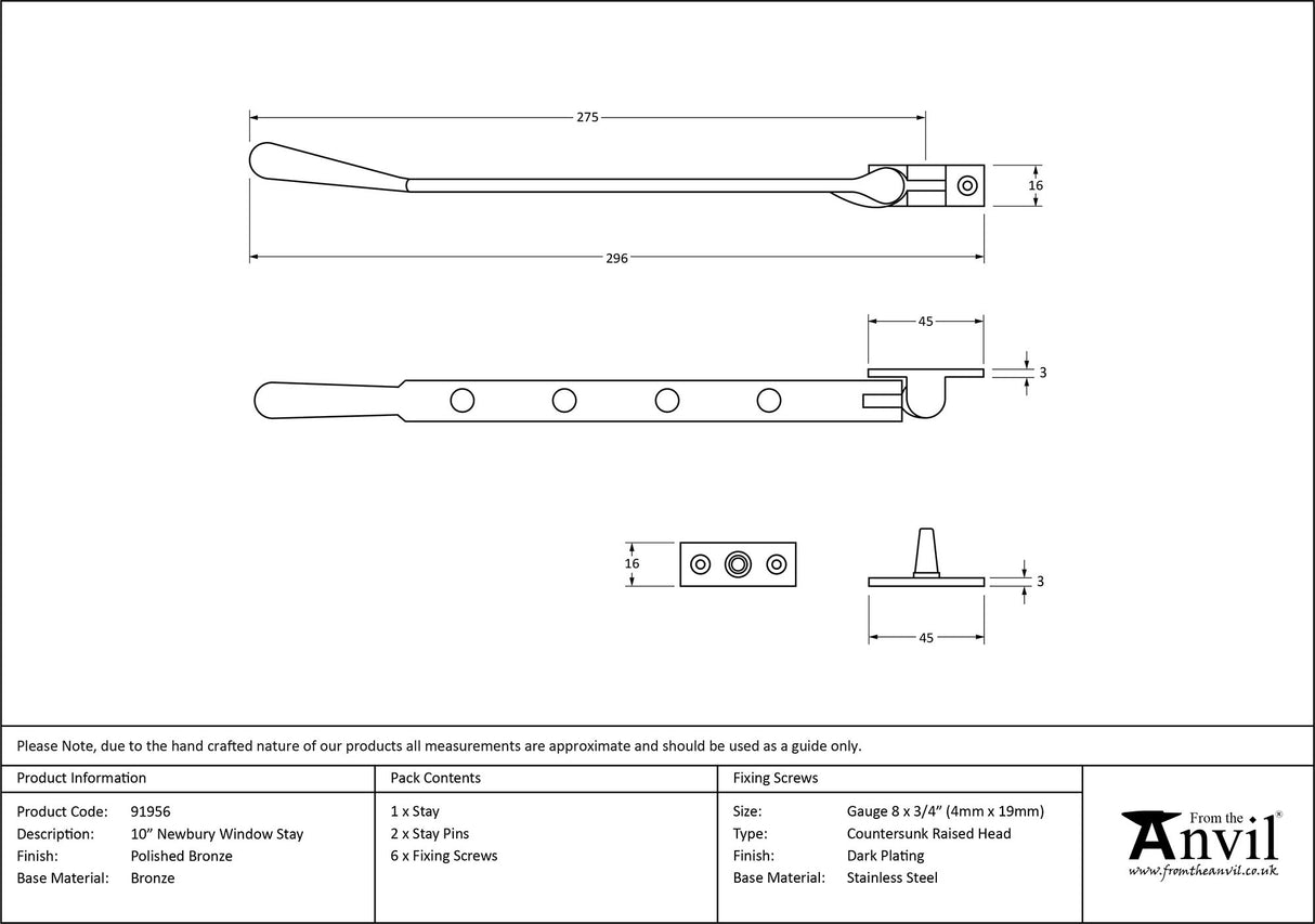 From The Anvil - Polished Bronze 10" Newbury Stay | Sku. 91956 | Trade Door Handles.