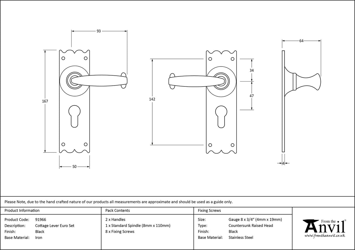 From The Anvil - Black Cottage Lever Euro Lock Set | Sku. 91966 | Trade Door Handles.