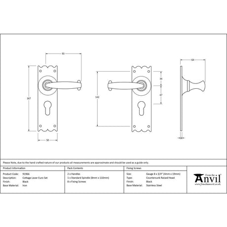 From The Anvil - Black Cottage Lever Euro Lock Set | Sku. 91966 | Trade Door Handles.