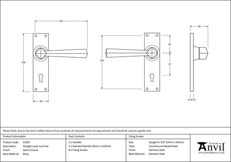 From The Anvil - Satin Chrome Straight Lever Lock Set | Sku. 91967 | Trade Door Handles.