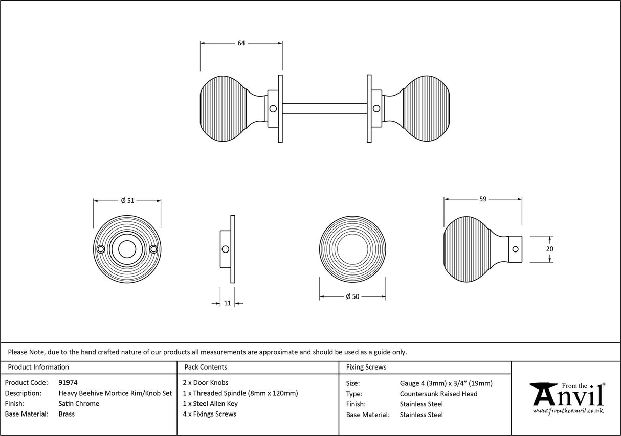 From The Anvil - Satin Chrome Heavy Beehive Mortice/Rim Knob Set | Sku. 91974 | Trade Door Handles.