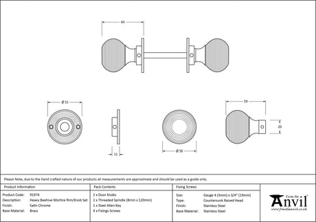From The Anvil - Satin Chrome Heavy Beehive Mortice/Rim Knob Set | Sku. 91974 | Trade Door Handles.