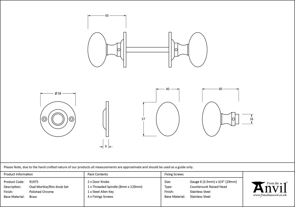 From The Anvil - Polished Chrome Oval Mortice/Rim Knob Set | Sku. 91975 | Trade Door Handles.