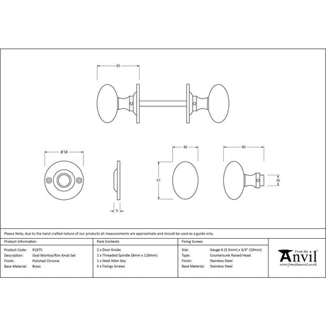 From The Anvil - Polished Chrome Oval Mortice/Rim Knob Set | Sku. 91975 | Trade Door Handles.