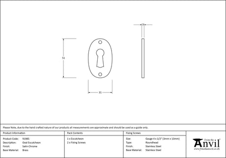 From The Anvil - Satin Chrome Oval Escutcheon | Sku. 91985 | Trade Door Handles.