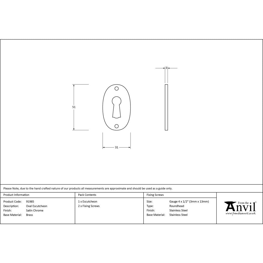 From The Anvil - Satin Chrome Oval Escutcheon | Sku. 91985 | Trade Door Handles.