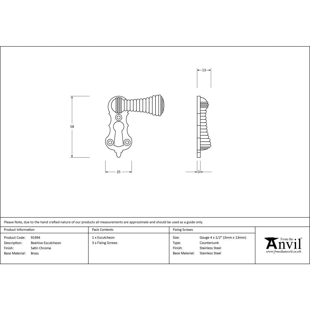From The Anvil - Satin Chrome Beehive Escutcheon | Sku. 91994 | Trade Door Handles.