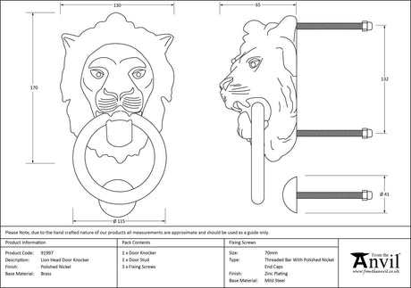 From The Anvil - Polished Nickel Lion Head Door Knocker | Sku. 91997 | Trade Door Handles.