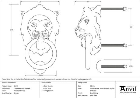 From The Anvil - Polished Bronze Lion Head Door Knocker | Sku. 91999 | Trade Door Handles.
