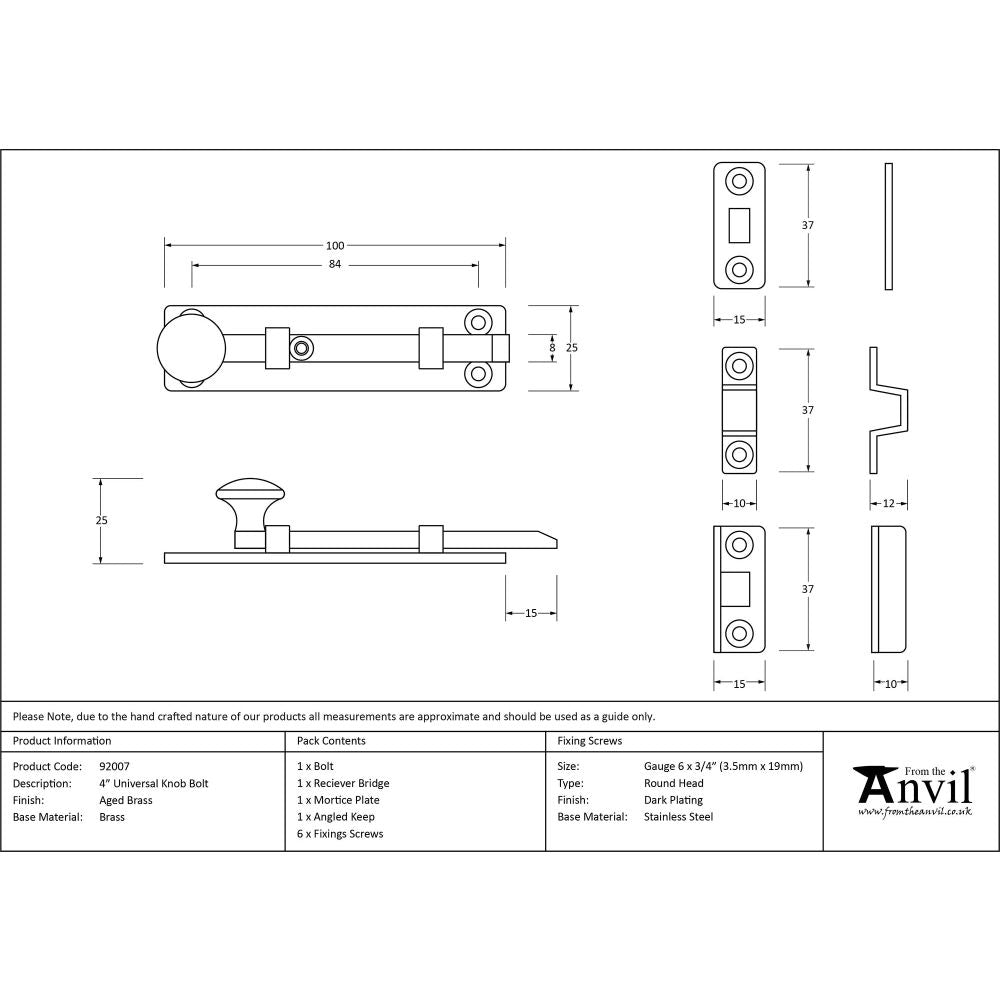 From The Anvil - Aged Brass 4" Universal Bolt | Sku. 92007 | Trade Door Handles.