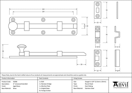 From The Anvil - Aged Brass 6" Universal Bolt | Sku. 92008 | Trade Door Handles.
