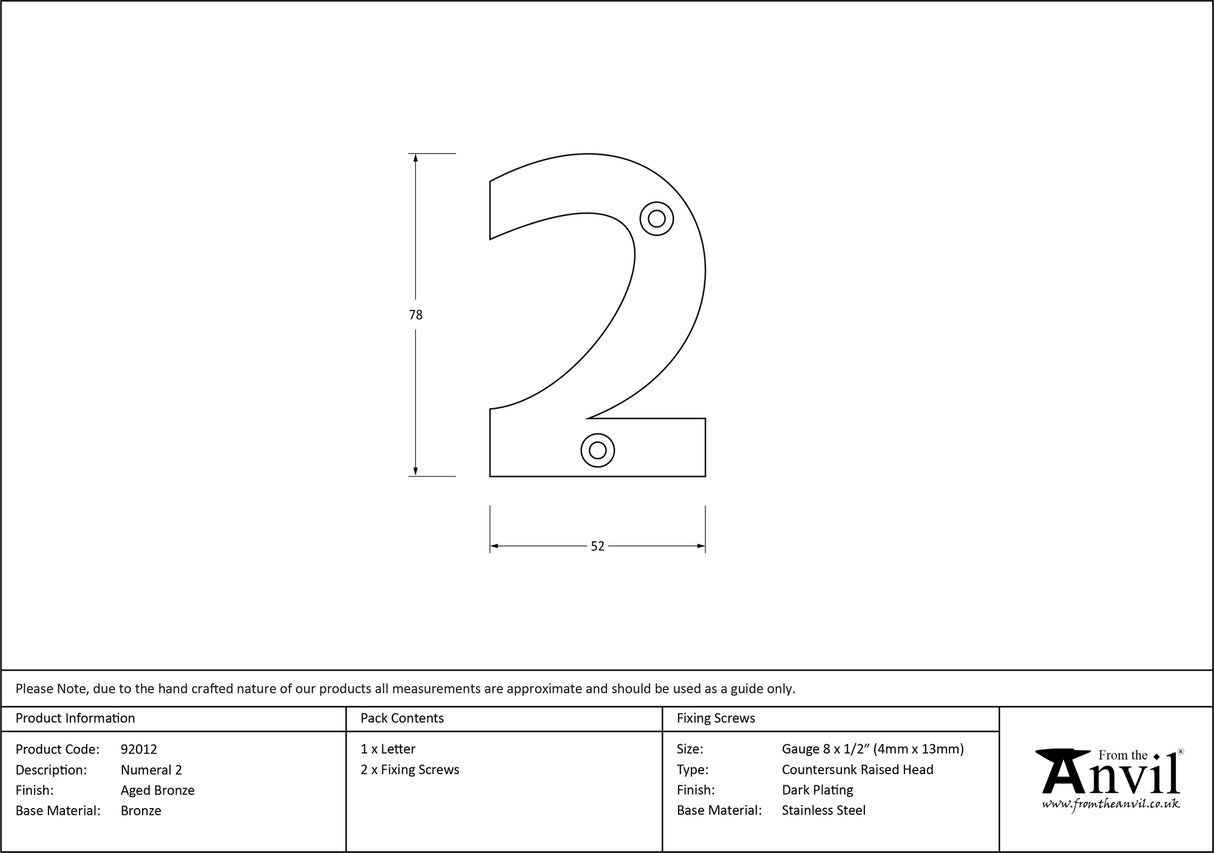 From The Anvil - Aged Bronze Numeral 2 | Sku. 92012 | Trade Door Handles.