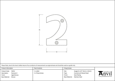 From The Anvil - Aged Bronze Numeral 2 | Sku. 92012 | Trade Door Handles.