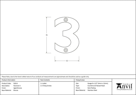 From The Anvil - Aged Bronze Numeral 3 | Sku. 92013 | Trade Door Handles.