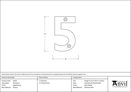 From The Anvil - Aged Bronze Numeral 5 | Sku. 92015 | Trade Door Handles.