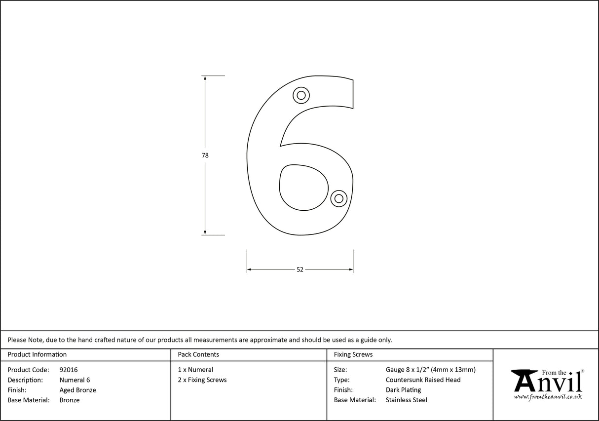 From The Anvil - Aged Bronze Numeral 6 | Sku. 92016 | Trade Door Handles.