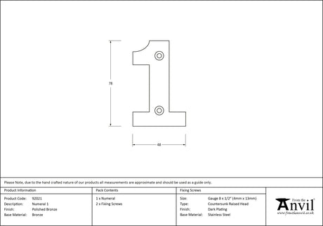 From The Anvil - Polished Bronze Numeral 1 | Sku. 92021 | Trade Door Handles.