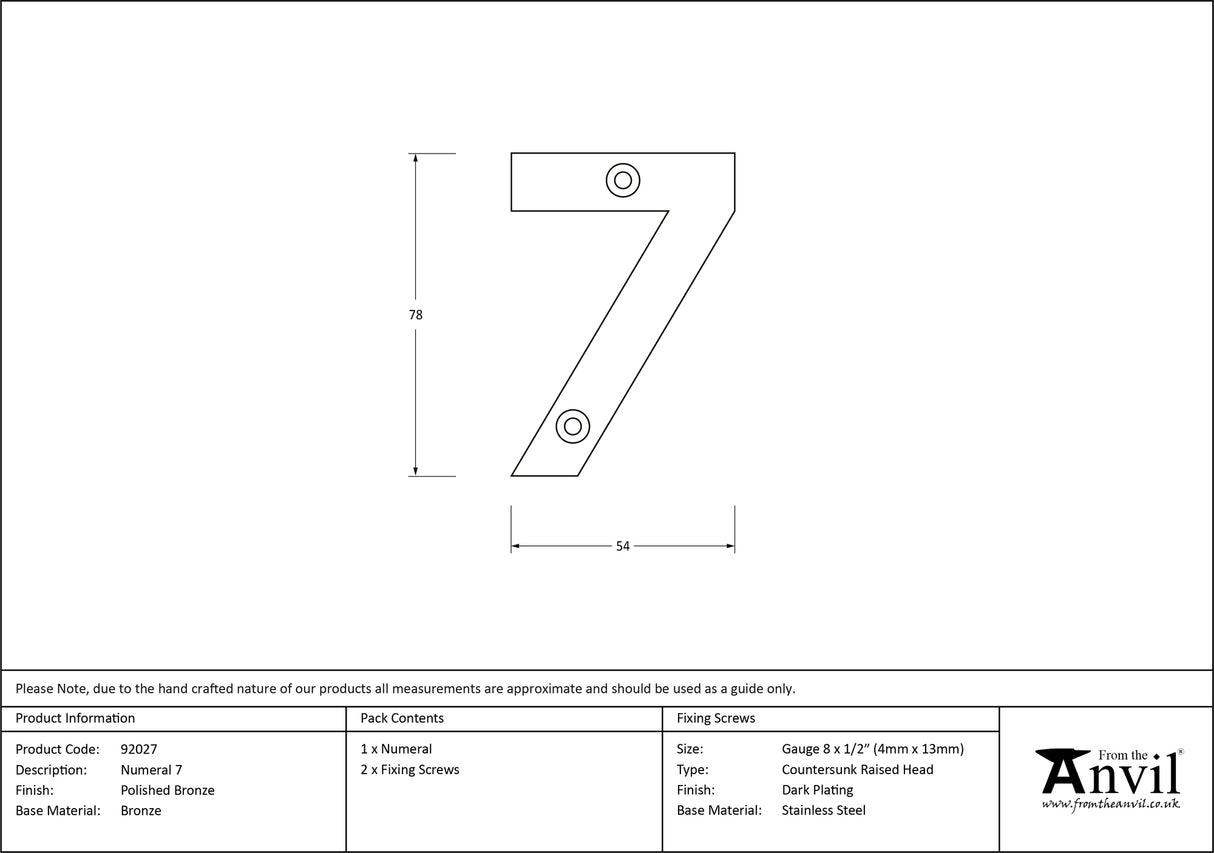 From The Anvil - Polished Bronze Numeral 7 | Sku. 92027 | Trade Door Handles.