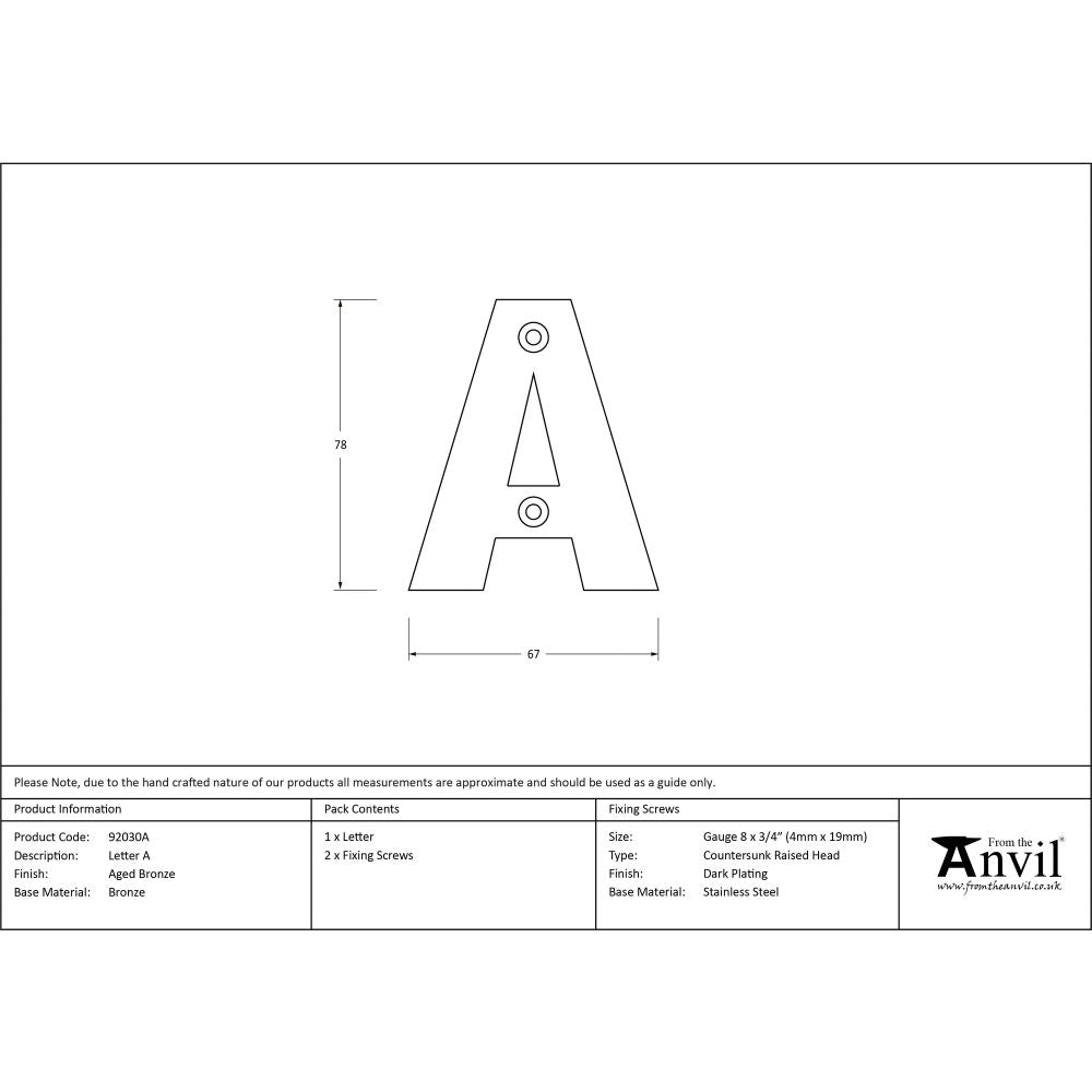 From The Anvil - Aged Bronze Letter A | Sku. 92030A | Trade Door Handles.